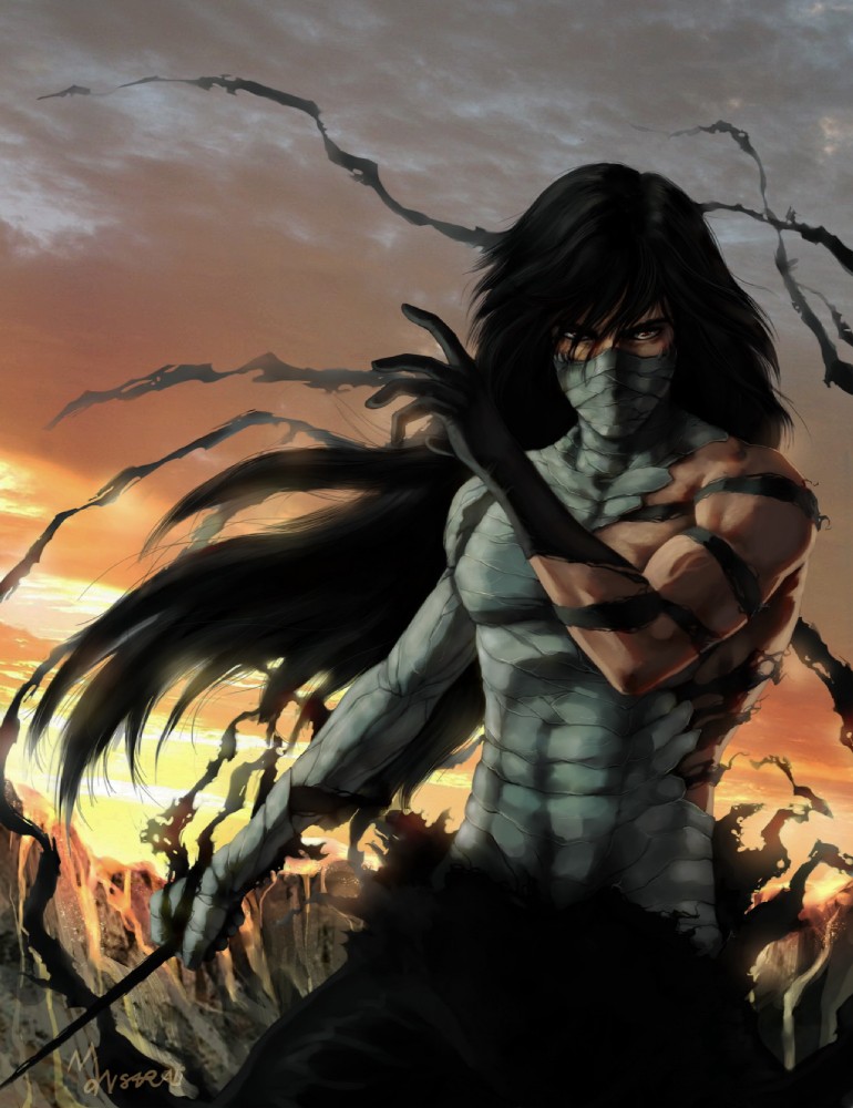 bandages bare_shoulder black_hair bleach clouds kurosaki_ichigo long_hair male sky solo sunset sword warrior weapon