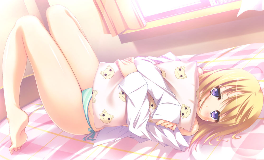 barefoot bed blonde_hair blush charlotte_dunois feet hitoguchi_(hioxhio) infinite_stratos lying on_bed panties pillow pillow_hug purple_eyes shirt solo striped striped_panties underwear violet_eyes white_shirt window