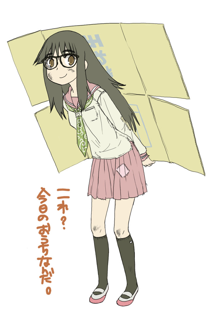 artist_request brown_eyes character_request copyright_request dirty glasses kneehighs long_hair necktie neji_tsuko patches school_uniform serafuku shoes simple_background solo uwabaki