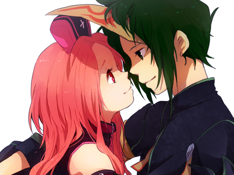 1girl arietta bare_shoulders collar couple detached_sleeves eye_contact green_eyes green_hair hat long_hair looking_at_another mask pink_eyes pink_hair profile short_hair simple_background sync tales_of_(series) tales_of_the_abyss tomo_(sjim)