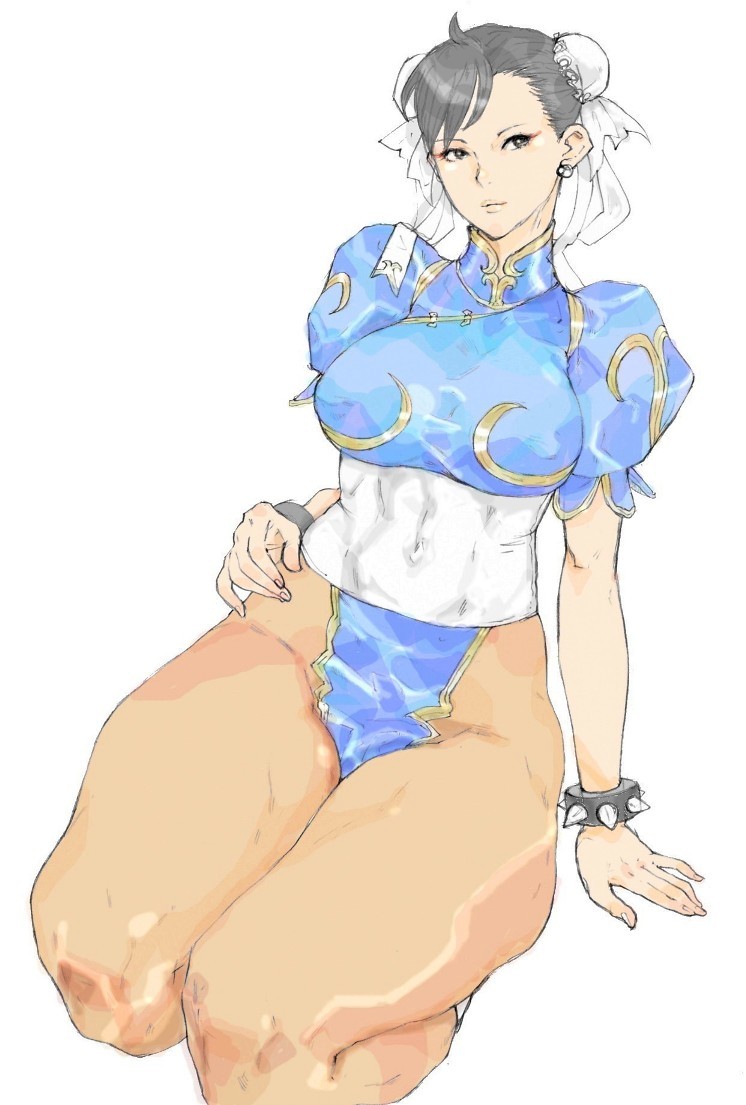 abs arm_support black_eyes black_hair bracelet breasts bun_cover capcom china_dress chinese_clothes chun-li double_bun earrings eyeliner eyeshadow jewelry kyura9een leaning_back legs makeup pantyhose seiza sitting solo spiked_bracelet spikes street_fighter thick_thighs thighs