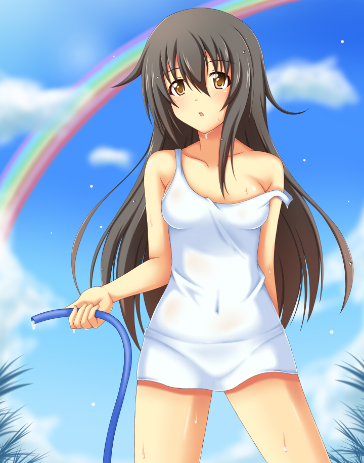 arm_behind_back asakura_nagi bare_shoulders black_hair blush breasts brown_eyes cloud collarbone dress hose long_hair minatsuki_nao navel original panties rainbow see-through sky solo strap_slip sundress underwear wet wet_clothes