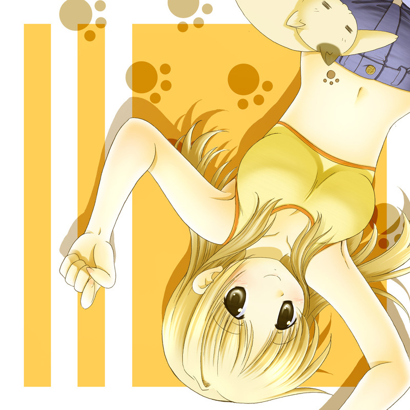 armpits blonde_hair breasts cat denim hidamari_sketch long_hair md5_mismatch miyako nashigami_tsubute navel paw_print smile sports_bra upside-down