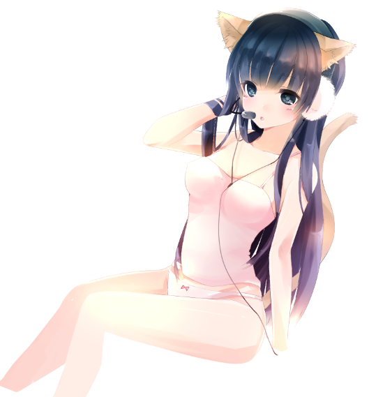 1girl adjusting_hair animal_ears bare_shoulders black_hair blue_eyes blush bow bow_panties camisole cat_ears cat_tail collarbone headset long_hair original panties sana_(unyata) sitting solo tail underwear underwear_only