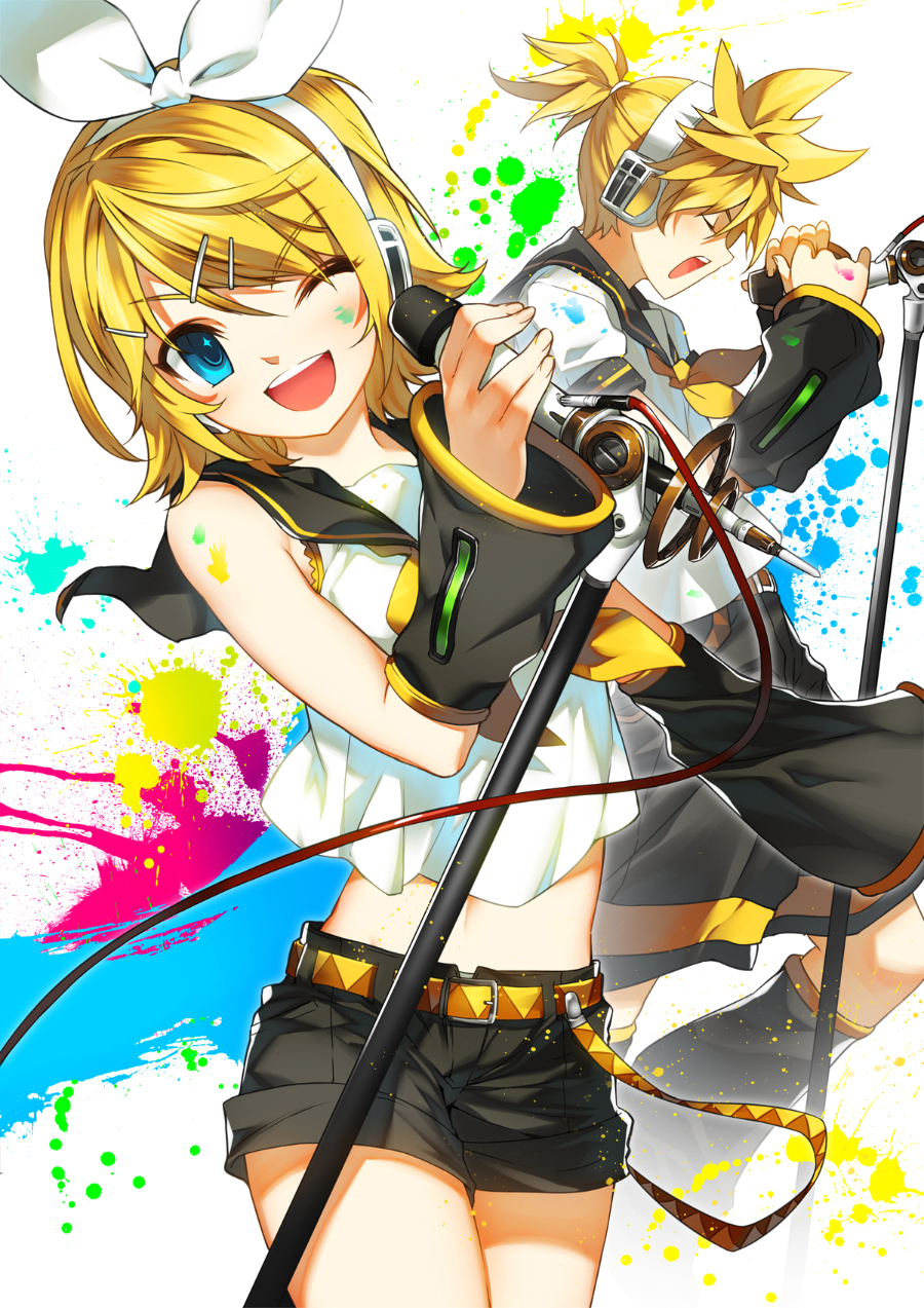 blonde_hair blue_eyes blush closed_eyes detached_sleeves eyes_closed hair_ribbon headphones highres kagamine_len kagamine_rin microphone microphone_stand midriff open_mouth paint_splatter paint_stains ress ribbon short_shorts shorts siblings smile twins vocaloid wink