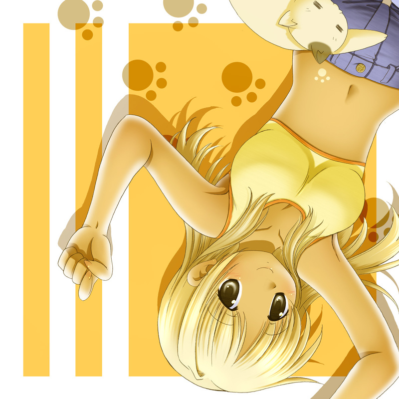 blonde_hair breasts cat cleavage denim hidamari_sketch long_hair miyako nashigami_tsubute navel paw_print smile sports_bra tan upside-down