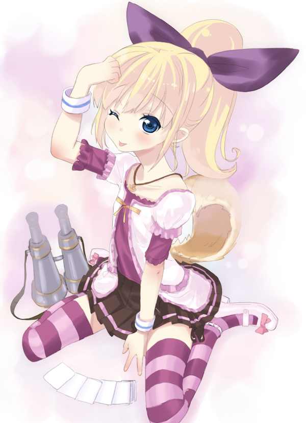 alternate_costume alternate_hairstyle binoculars blonde_hair blue_eyes bow card character_request dojikko_pose jewelry lying_card necklace patty_fleur ponytail purple_legwear runa_runa shoes sitting skirt solo striped striped_legwear striped_thighhighs tales_of_(series) tales_of_vesperia thigh-highs thighhighs tsukigami_runa wariza white_background wink wristband zettai_ryouiki