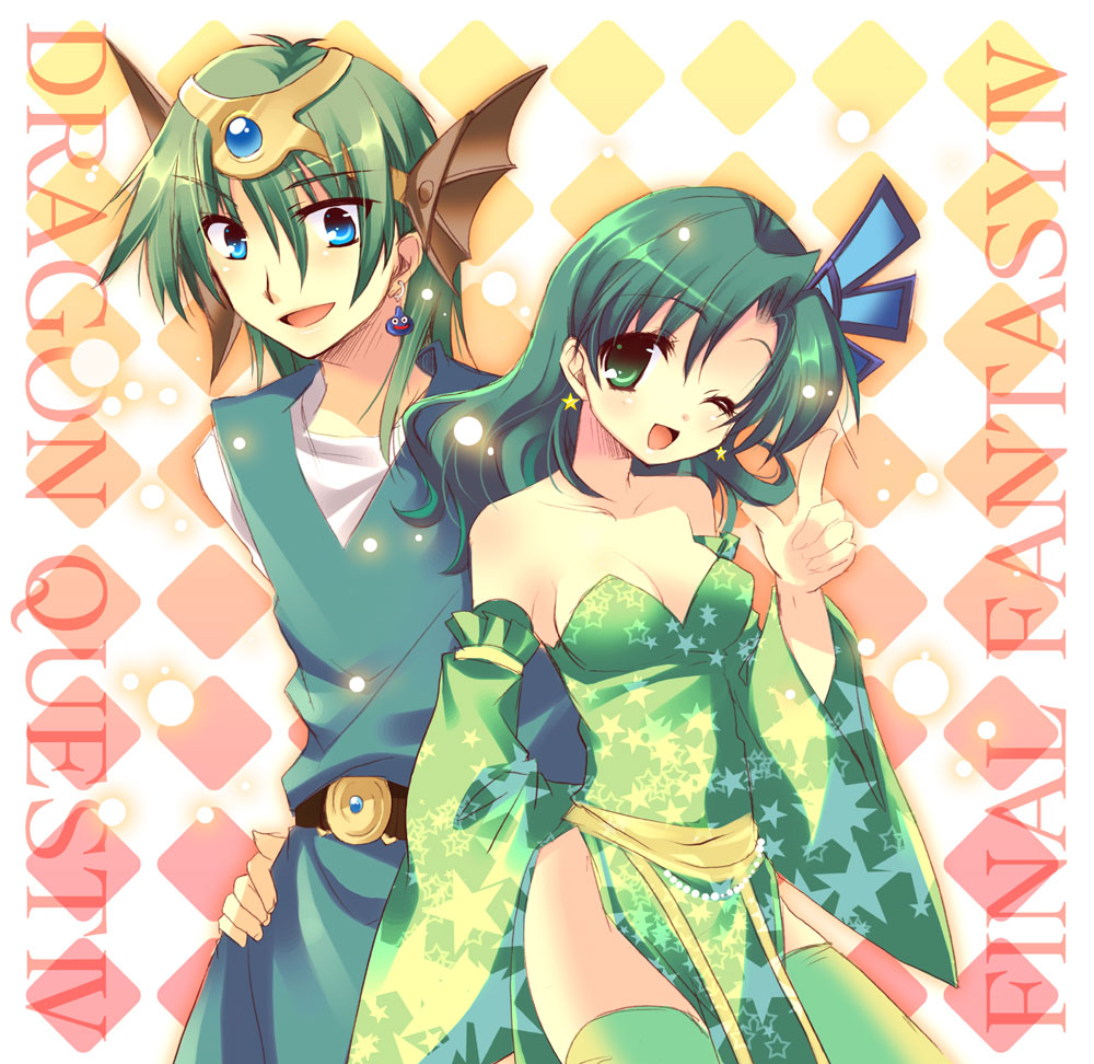 1girl adult argyle argyle_background breasts cleavage color_connection crossover detached_sleeves dragon_quest dragon_quest_iv earrings final_fantasy final_fantasy_iv green_eyes green_hair hair_ornament hero_(dq4) izumi_makoto jewelry look-alike rydia star thigh-highs thighhighs title_drop wink