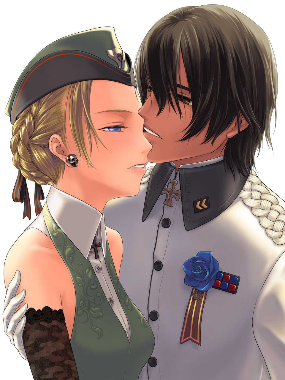 1boy 1girl black_hair blonde_hair blue_rose couple cross earrings elbow_gloves flower garrison_cap gloves hat hetero highres jewelry kiss male medal military military_uniform original rose skull takekawa_shin uniform wing_collar