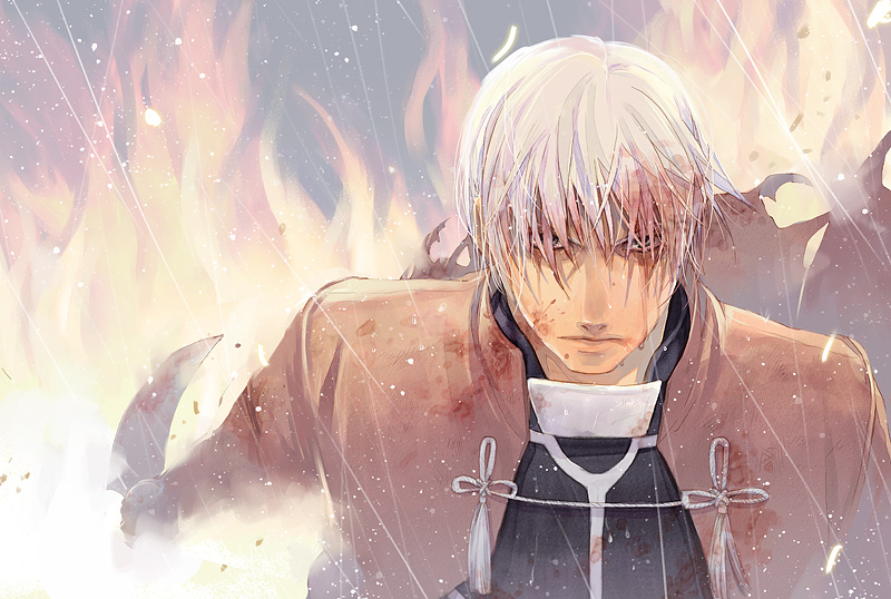 archer blood blood_on_face fate/stay_night fate_(series) fire koto_eri male serious solo white_hair