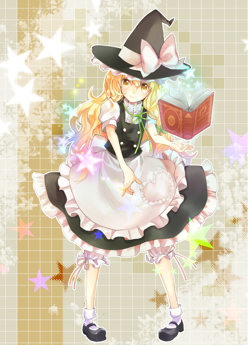 blonde_hair bloomers braid embroidery floating_object hat kirisame_marisa long_hair mary_janes mitsuk pigeon-toed pointing shoes smile solo standing star touhou witch_hat yellow_eyes