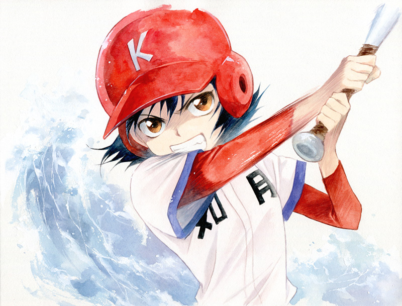 baseball baseball_bat baseball_cap baseball_uniform black_hair brown_eyes grin hat hotta_koharu princess_nine smile sportswear teeth water