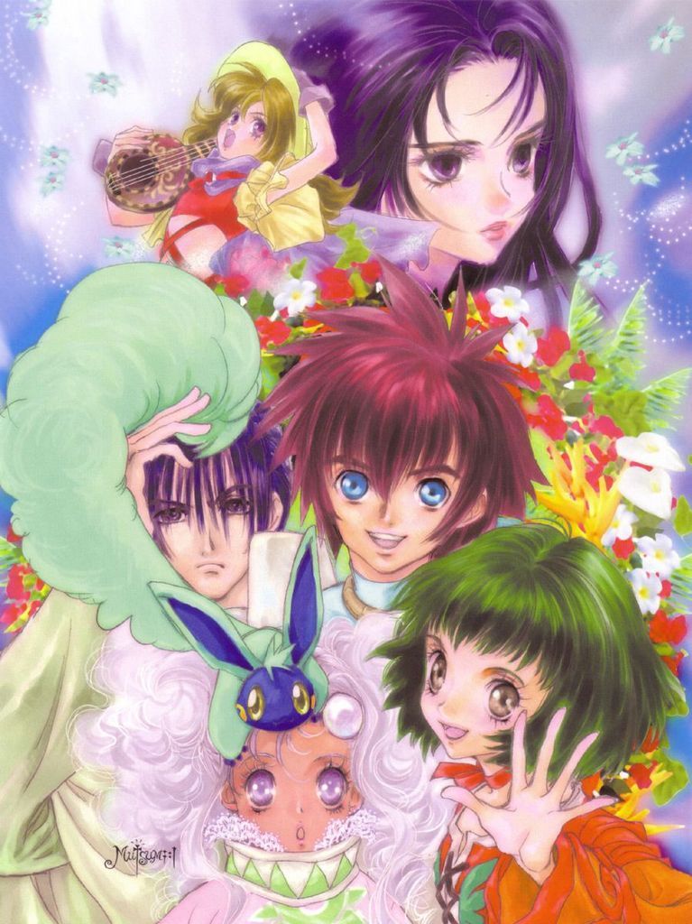 4girls annoyed banjo blonde_hair blue_eyes blue_hair brown_eyes character_request corina_solgente creature curly_hair everyone farah_oersted flower frills green_hair hat inomata_mutsumi instrument keele_zeibel lips marone_bluecarno meredy multiple_boys multiple_girls official_art open_mouth pink_eyes purple_hair quickie ribbon_choker rid_hershel short_hair tail tales_of_(series) tales_of_eternia turtleneck