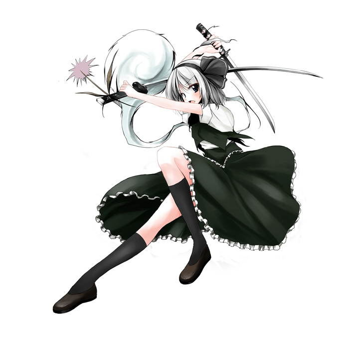 azuma_kurume green_eyes hair_ribbon katana konpaku_youmu konpaku_youmu_(ghost) kurume_shou myon ribbon shoes skirt socks solo sword touhou weapon white_hair