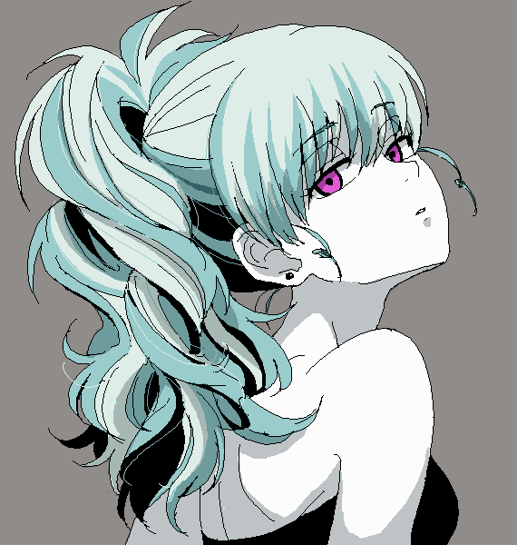 bare_shoulders blue_hair curly_hair darker_than_black earrings grey_background jewelry long_hair looking_back monochrome ponytail purple_eyes solo togetsuhou violet_eyes yin