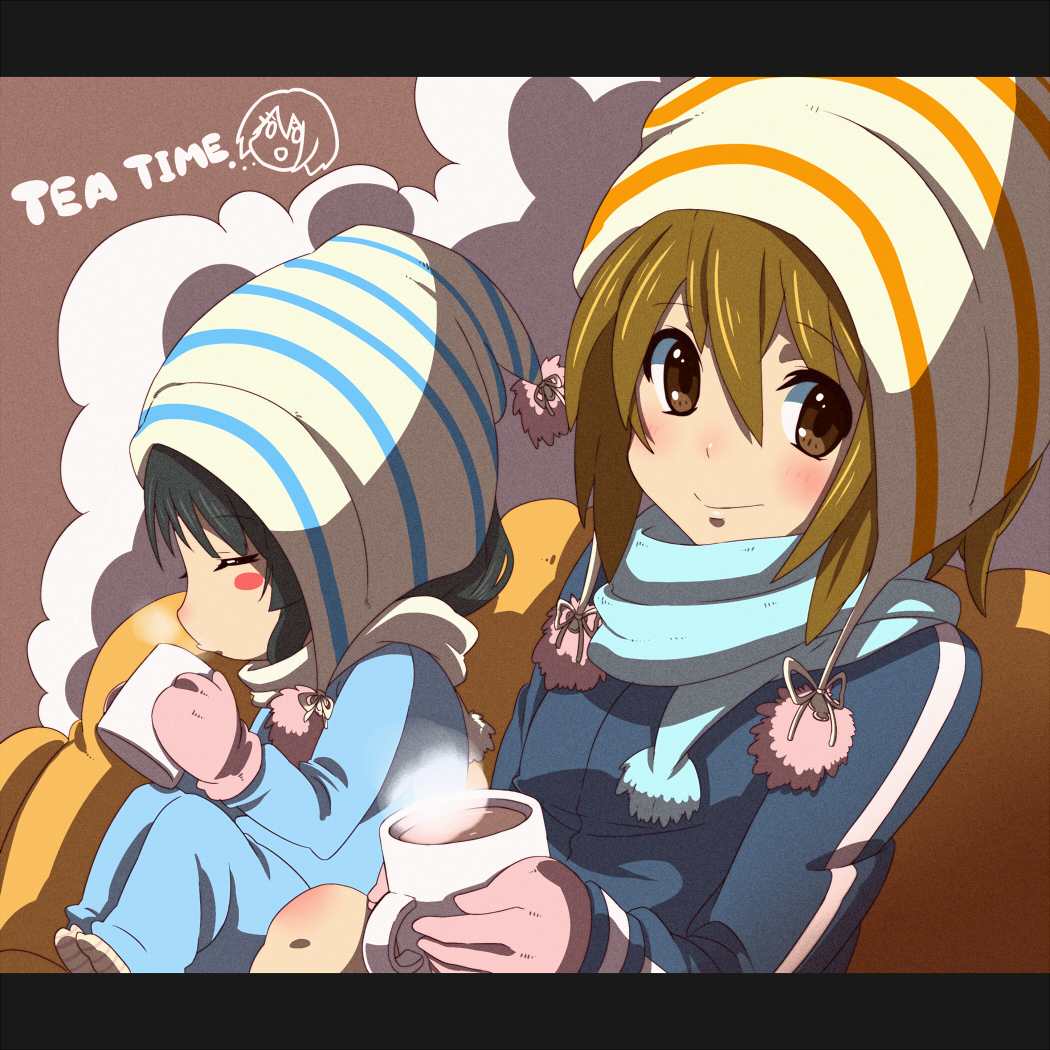 akiyama_mio black_hair blush blush_stickers brown_eyes brown_hair cup hajime_(hajime-ill-1st) hat hirasawa_yui k-on! letterboxed long_hair mittens mug multiple_girls scarf short_hair steam tainaka_ritsu track_suit winter_clothes