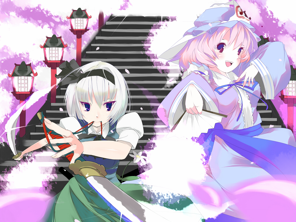 bad_id blaze_(artist) blue_eyes bob_cut cherry_blossoms dual_wielding fan fingernails folding_fan hairband hat konpaku_youmu lantern mouth_hold open_mouth pink_eyes pink_hair ribbon saigyouji_yuyuko silver_hair smile stairs sword tareme touhou tsurime weapon