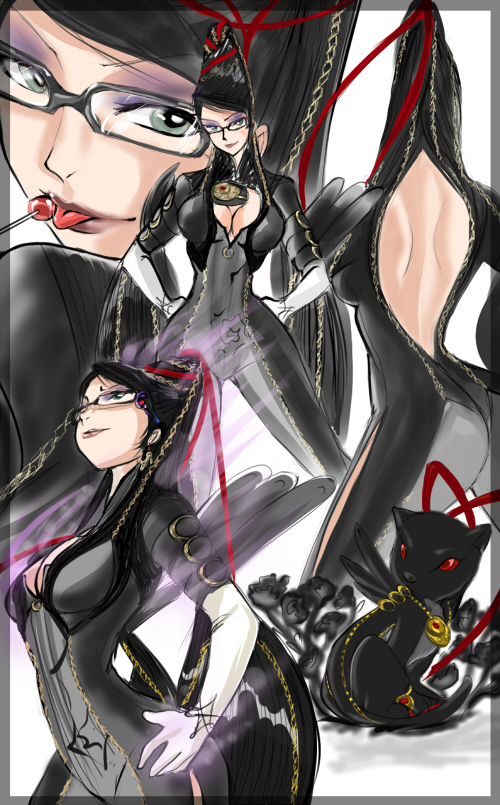 1girl back bayonetta bayonetta_(character) blossomppg bodysuit breasts candy cat cleavage eyeshadow formal glasses gun hand_on_hip hands_on_hips jewelry lollipop long_hair mole non-stop sketch skin_tight solo suit super_smash_bros. tongue weapon