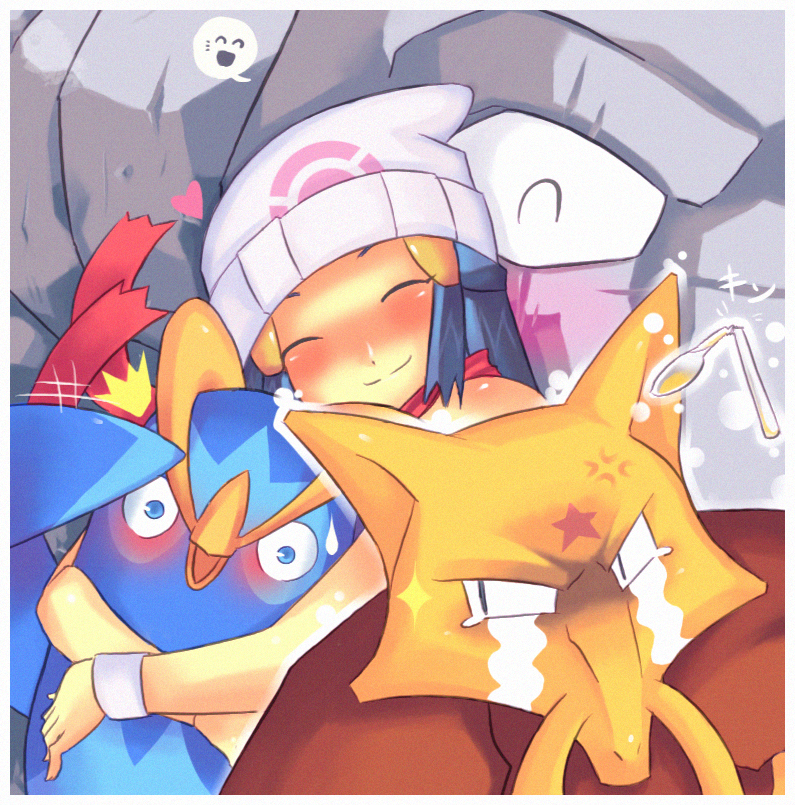 1girl ^_^ beanie bent_spoon blue_hair blush bogilliam closed_eyes hat heart hikari_(pokemon) hug jealous kadabra onix pokemon pokemon_(creature) prinplup smile spoken_face spoon sweatdrop tears