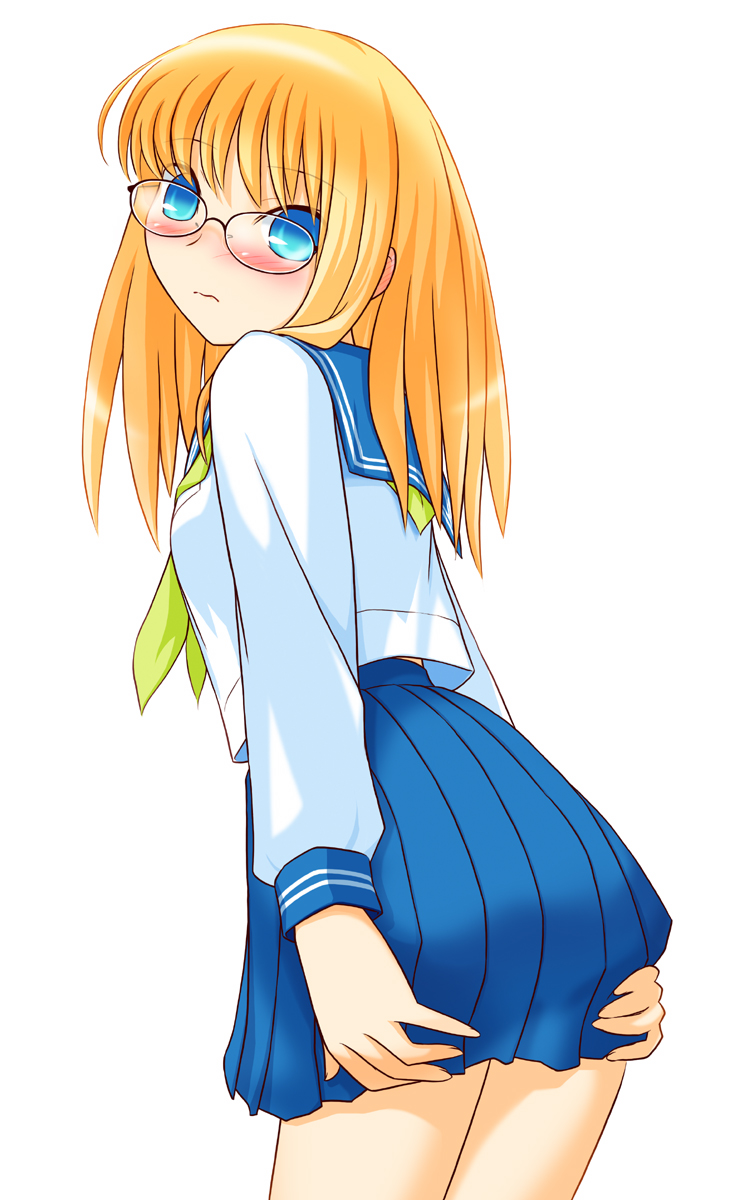 akatsuki_(artist) blonde_hair blue_eyes glasses highres looking_back school_uniform serafuku