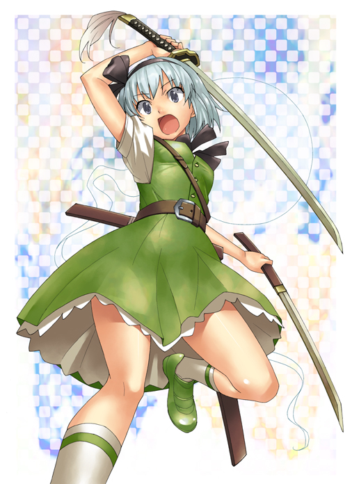 astroguy2 belt checkered checkered_background dual_wielding ghost grey_eyes hairband katana kneehighs konpaku_youmu konpaku_youmu_(ghost) myon open_mouth sheath short_hair silver_hair solo sword touhou weapon white_legwear