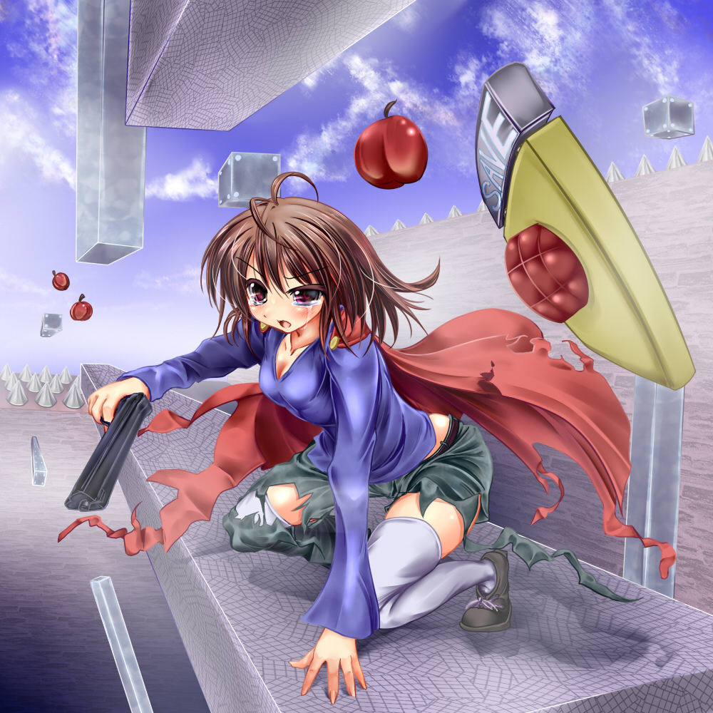 belt breasts brown_hair cape cherry cleavage floating food fruit genderswap gun i_wanna_be_the_guy monikano platform purple_eyes save_point spikes tears the_kid thigh-highs thighhighs torn_clothes weapon