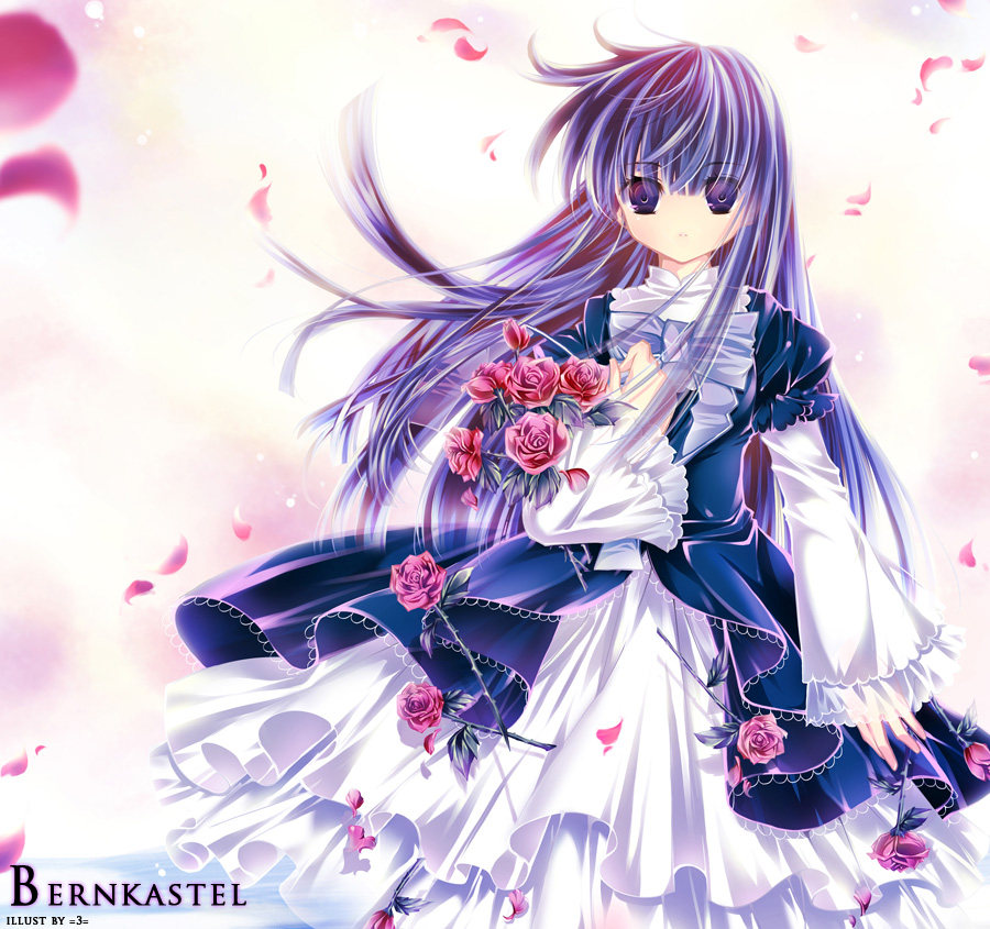 blue_hair bouquet dress flower frederica_bernkastel long_hair petals purple_eyes umineko_no_naku_koro_ni violet_eyes
