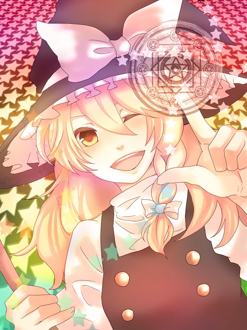 bad_id blonde_hair braid broom haihai hat kirisame_marisa magic_circle short_hair solo touhou witch_hat yellow_eyes