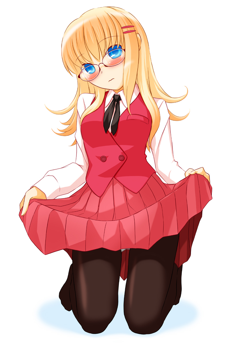 akatsuki_(artist) blonde_hair blue_eyes blush glasses highres kneeling long_hair panties panties_under_pantyhose pantyhose school_uniform skirt skirt_lift underwear vest