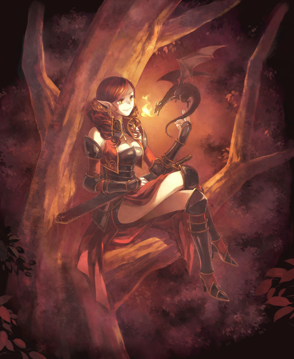 breasts brown_hair cleavage crossed_legs dragon drill_hair earrings elf fantasy female fire high_heels highres horns jewelry minami_seira night pixiv_fantasia pixiv_fantasia_4 pointy_ears red_hair sitting smile sword tree weapon yellow_eyes