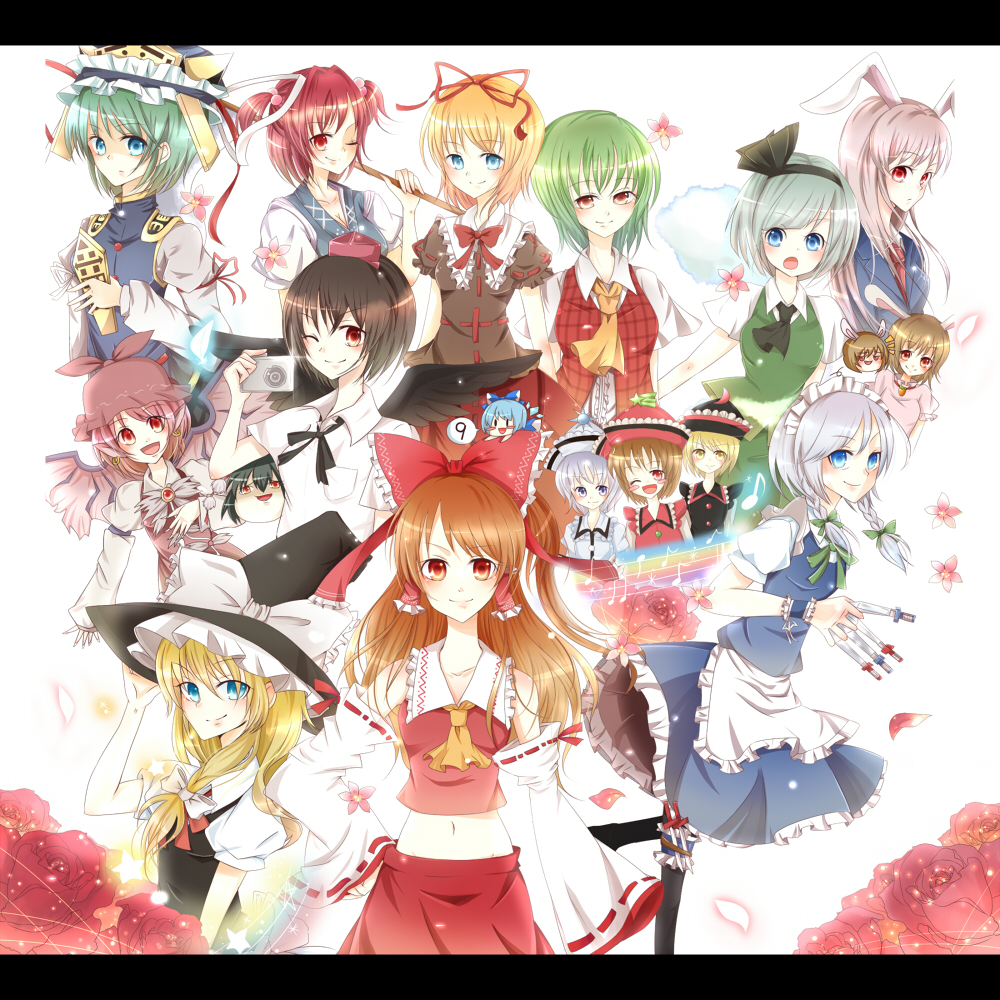 ;d adjusting_hat animal_ears apron arm_belt ascot blazer bow braid bunny_ears camera cirno detached_sleeves dress everyone flower hair_bobbles hair_bow hair_ornament hair_ribbon hair_tubes hakurei_reimu hand_on_hip hat hitodama inaba_tewi izayoi_sakuya kazami_yuuka kimeemaru kirisame_marisa knife konpaku_youmu konpaku_youmu_(ghost) letterboxed lunasa_prismriver lyrica_prismriver medicine_melancholy merlin_prismriver midriff mizuki_(tamago) multiple_girls musical_note mystia_lorelei necktie onozuka_komachi open_mouth phantasmagoria_of_flower_view plaid_vest rainbow red_rose ribbon rod_of_remorse rose shameimaru_aya shikieiki_yamaxanadu skirt skirt_set smile staff_(music) tokin_hat touhou twin_braids wink witch_hat yukkuri_shiteitte_ne ⑨