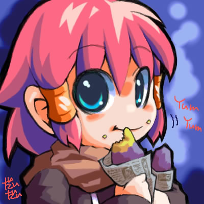 blue_eyes chibi daidai_ningen eating food food_on_face hair_tubes lowres oekaki pink_hair quiz_magic_academy ruquia scarf signature sweet_potato yakiimo