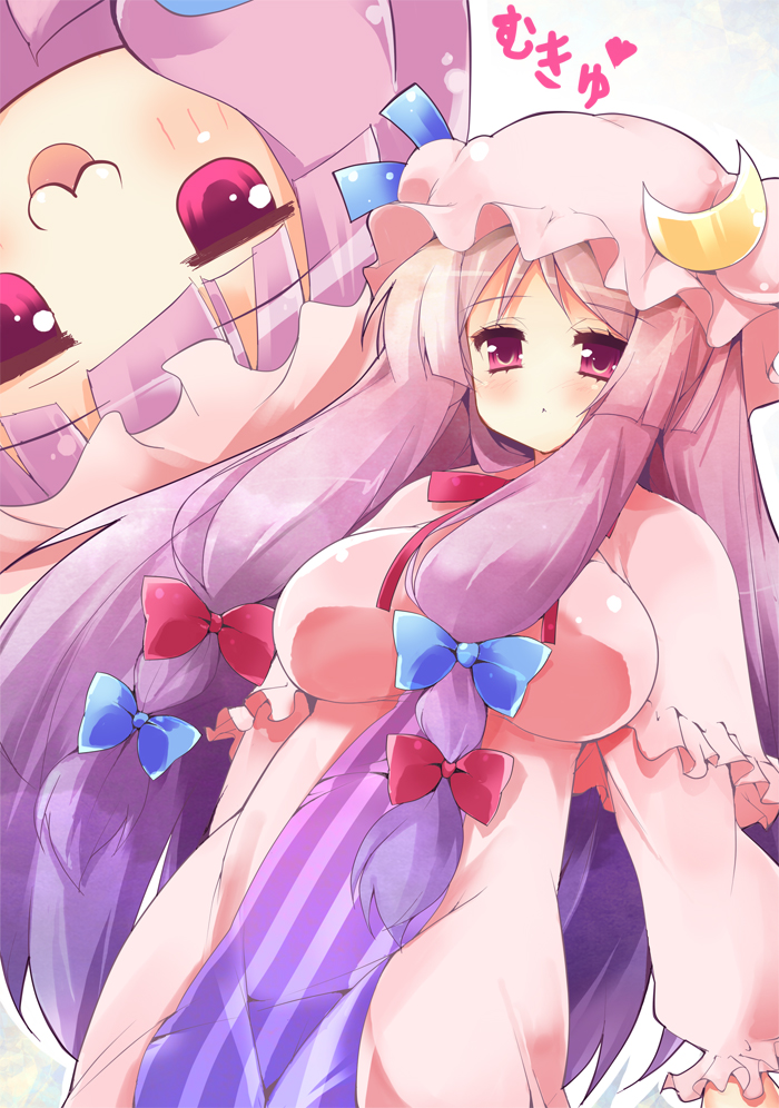:3 akikaze_tsumuji bow breasts crescent crescent_moon hair_bow hat impossible_clothes impossible_shirt large_breasts long_hair mukyuu nightgown patchouli_knowledge purple_eyes purple_hair shirt solo touhou violet_eyes