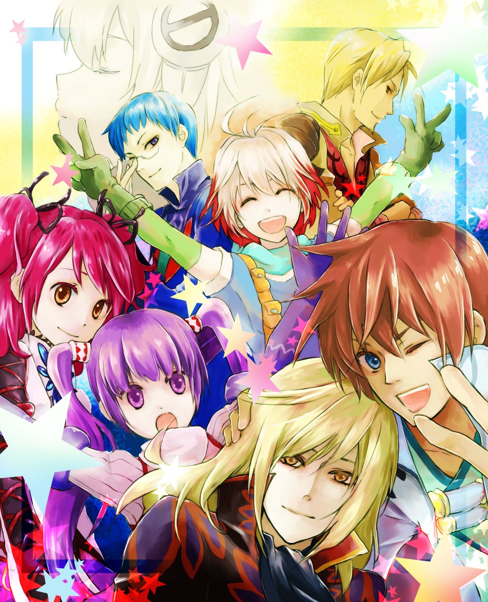5boys asbel_lhant blonde_hair blue_eyes blue_hair brown_eyes brown_hair cheria_barnes glasses highres hubert_ozwell lambda malik_caesars multicolored_hair multiple_boys multiple_girls pascal pink_hair purple_eyes purple_hair red_hair redhead richard_(tales_of_graces) sophie_(tales_of_graces) takamizawa_takumi tales_of_(series) tales_of_graces twintails two-tone_hair two_side_up v violet_eyes white_hair wink yellow_eyes