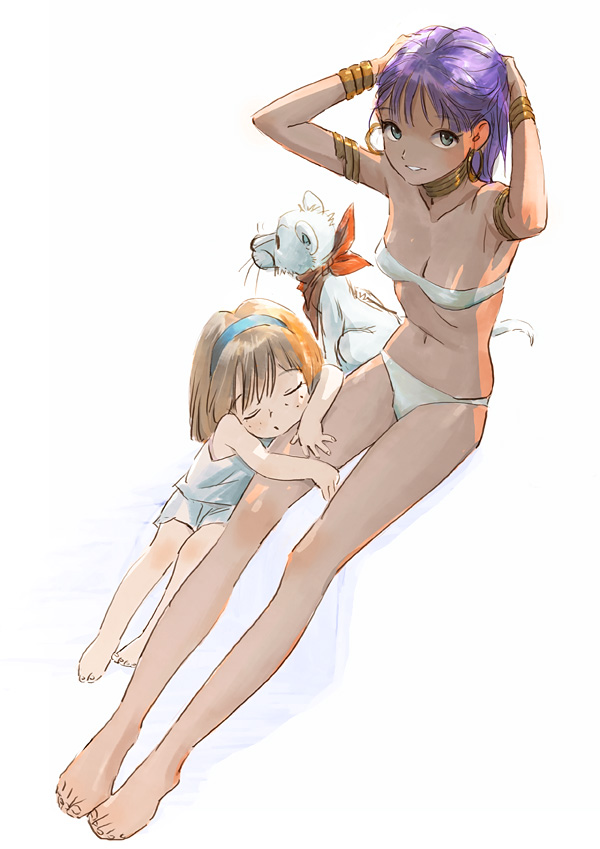 armband armpits arms_behind_head bandeau barefoot bracelet brown_hair closed_eyes dark_skin earrings feet freckles fushigi_no_umi_no_nadia green_eyes hairband jewelry kawasemi king_(nadia) legs lion looking_up marie_en_carlsberg nadia neck_ring panties purple_hair short_hair sitting sleeping smile tubetop underwear