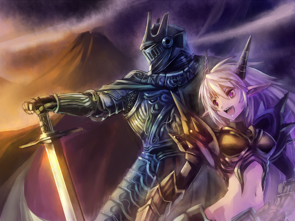 armor blau_jack cape edobox elf full_armor helmet horns midriff mountain original pixiv pixiv_fantasia pixiv_fantasia_4 pointy_ears purple_eyes silver_hair sword violet_eyes weapon