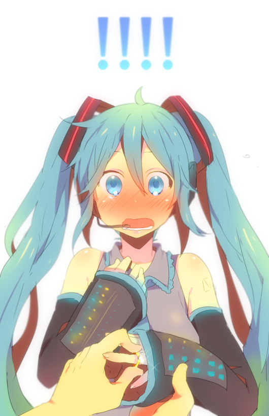 !! aqua_eyes aqua_hair blush detached_sleeves hatsune_miku headphones headset jewelry kl long_hair looking_at_viewer necktie pov proposal ring simple_background surprise surprised tears twintails vocaloid