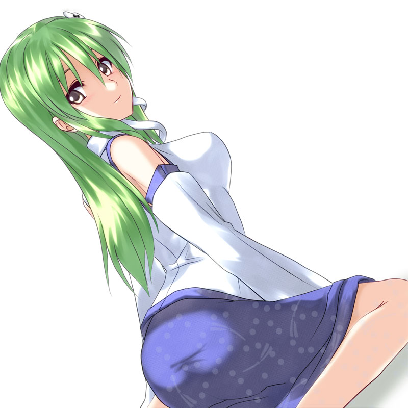 detached_sleeves dutch_angle green_hair hair_ornament japanese_clothes kochiya_sanae long_hair looking_at_viewer silve sitting skirt smile snake touhou wariza yellow_eyes