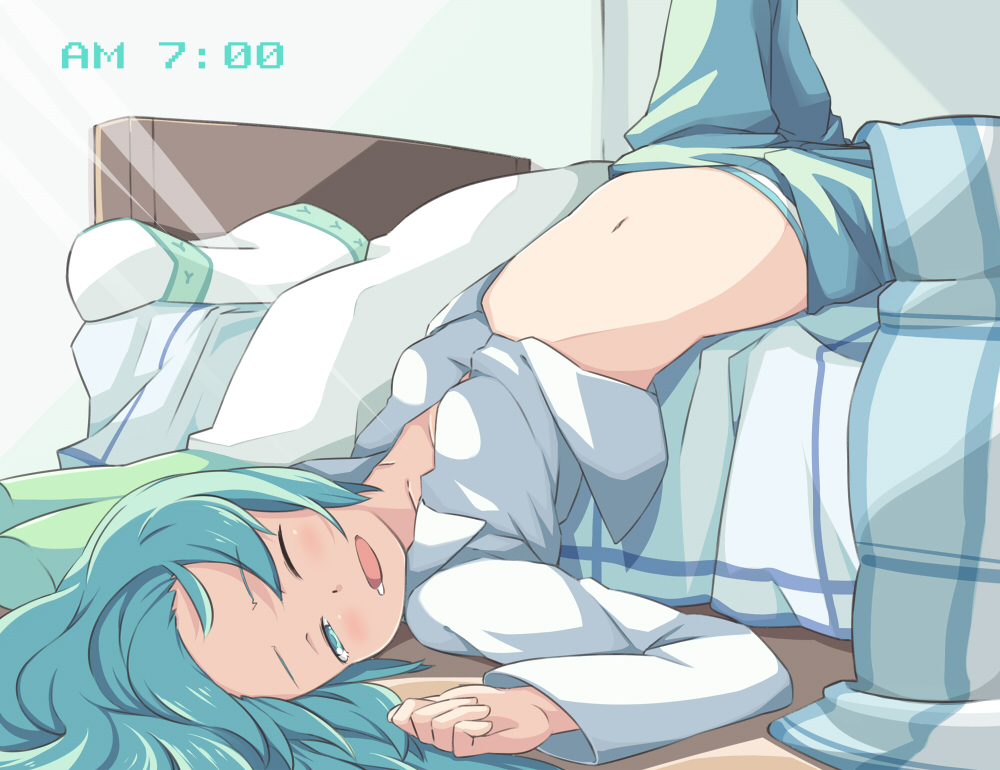 aqua_eyes aqua_hair bed clock clockshow hatsune_miku long_hair lying masuneko midriff navel open_mouth pajamas panties saliva sleepy solo striped striped_panties twintails underwear vocaloid wince