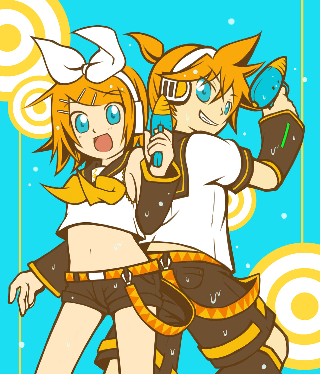 blonde_hair blue_eyes detached_sleeves grin hair_ornament hair_ribbon hairclip happy headphones highres kagamine_len kagamine_rin ribbon short_hair short_ponytail shorts siblings smile twins vocaloid water_gun wet