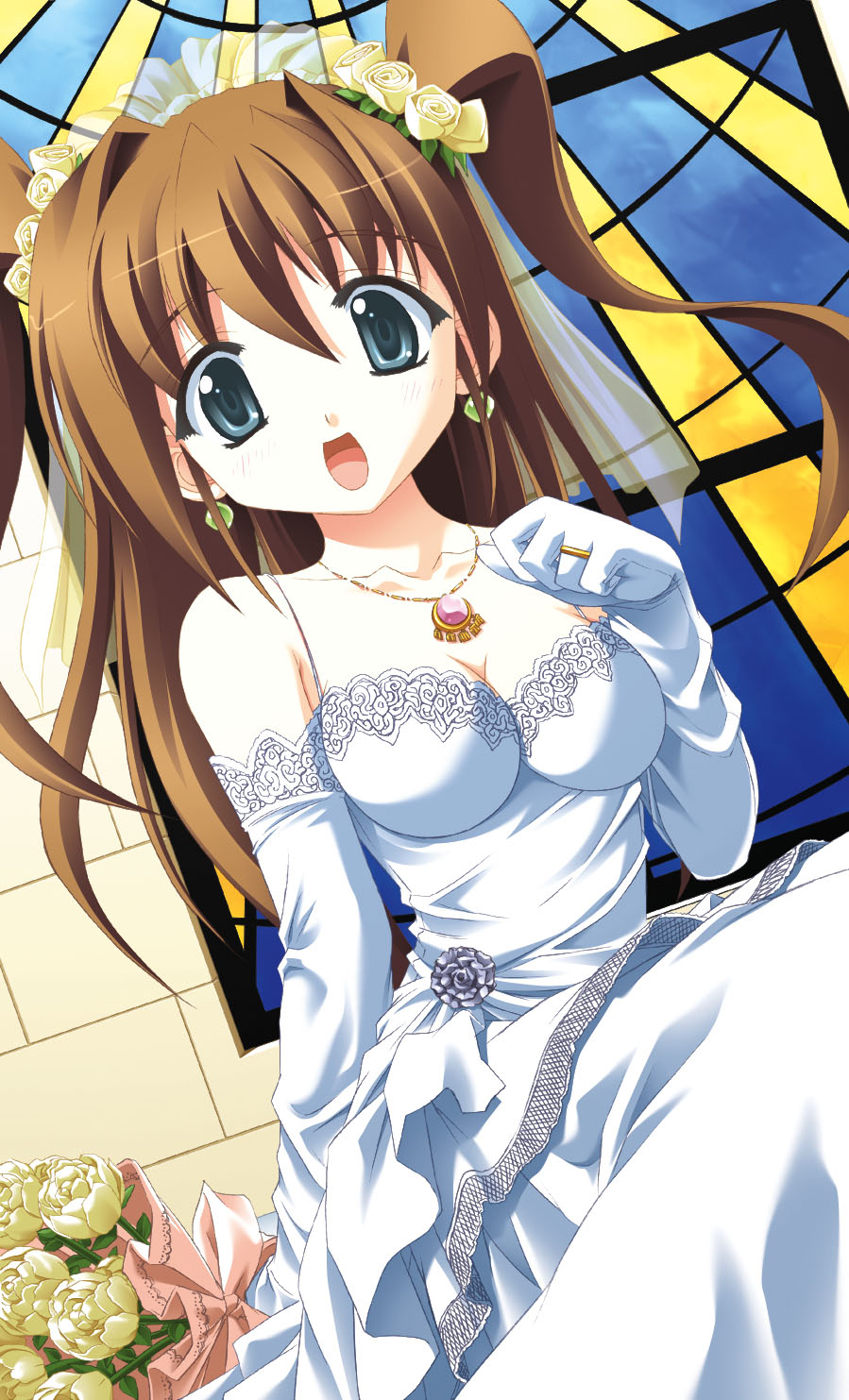 bare_shoulders bouquet breasts brown_hair cleavage dress earrings elbow_gloves flower gloves highres jewelry koimomo necklace twintails wedding_dress yamino_kenji