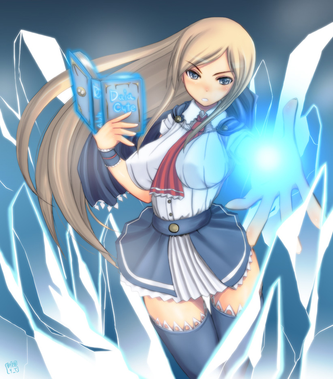 1girl akumajo_dracula blue_eyes blue_legwear blue_thighhighs blush book breasts brown_hair capelet casting_spell castlevania castlevania:_portrait_of_ruin charlotte_aulin cloak dress eyebrows eyelashes frills glowing holding holding_book ice konami large_breasts long_hair looking_at_viewer magic magician skirt solo spell_book teeth thigh-highs thighhighs wristband yuushayahonpo zettai_ryouiki