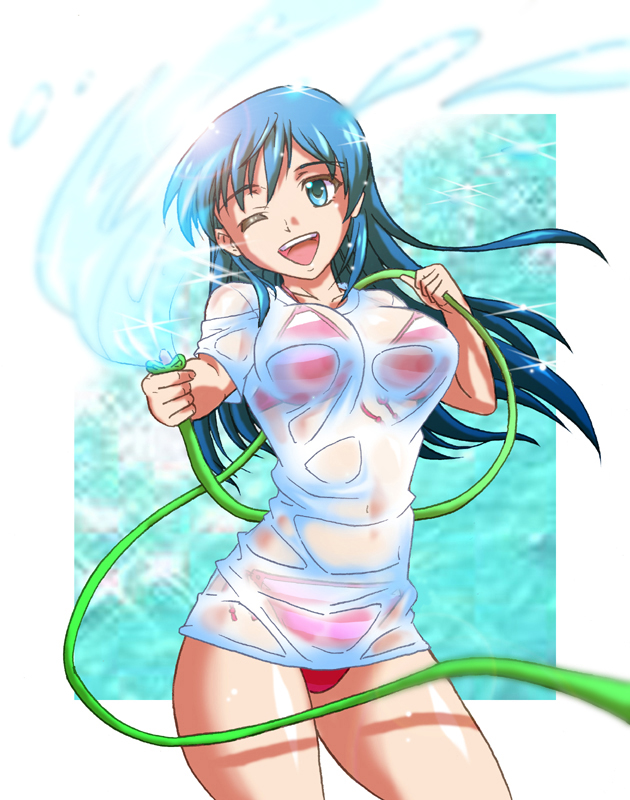 bikini blue_eyes blue_hair hose long_hair original see-through striped striped_bikini striped_swimsuit swimsuit t-shirt tsukishima_chitose water wet wet_clothes wet_t-shirt wink yonecchi