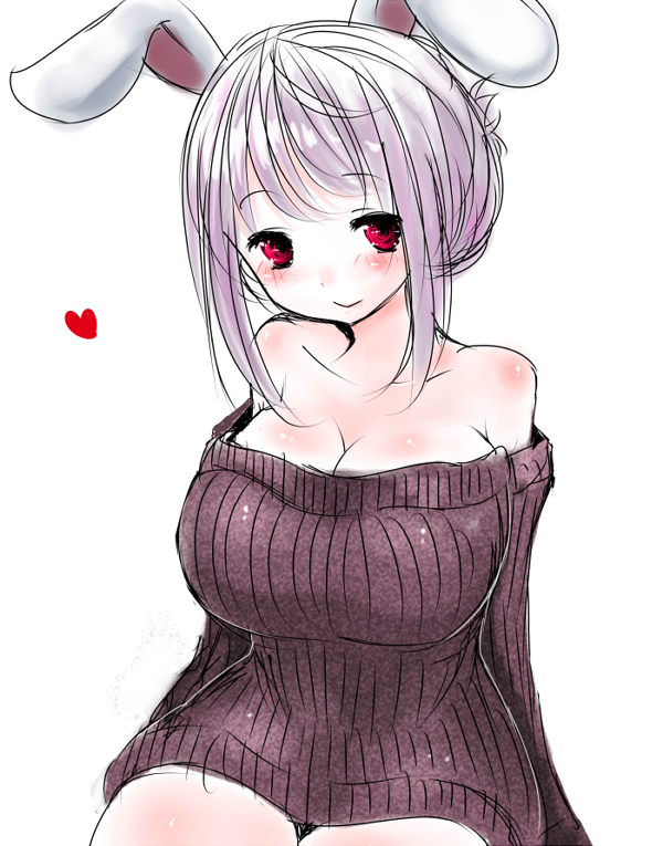 :&gt; alternate_costume alternate_hairstyle animal_ears bare_shoulders blush breasts bunny_ears casual collarbone hair_up han64 han_(jackpot) heart huge_breasts looking_at_viewer naked_sweater purple_hair reisen_udongein_inaba ribbed_sweater rough simple_background smile solo sweater tareme touhou