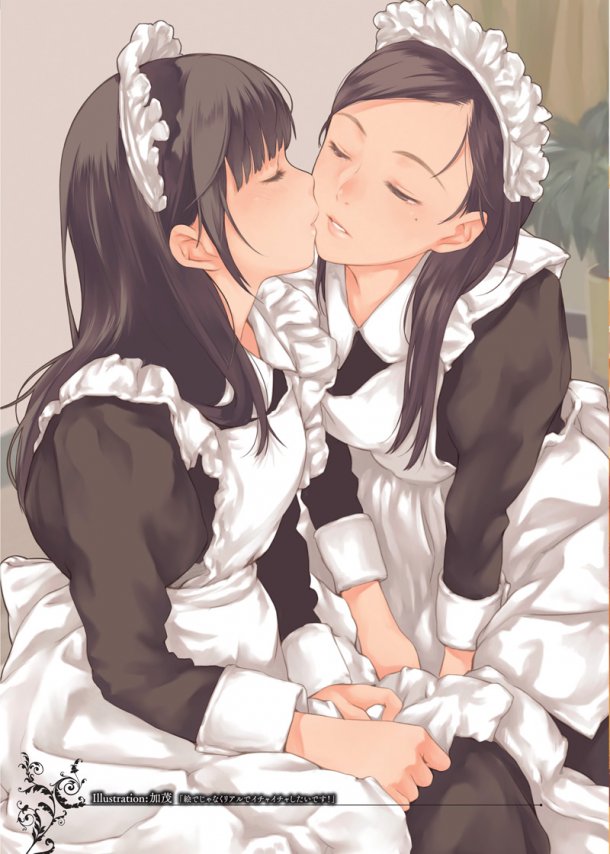 almost_kiss apron black_eyes black_hair blush brown_eyes brown_hair cheek_kiss closed_eyes dress eyes_closed headdress incipient_kiss kamo kamo_(gafas) kiss lips long_hair maid maid_headdress miyata_kouji mole multiple_girls mutual_yuri original plant sitting smile teeth yuri