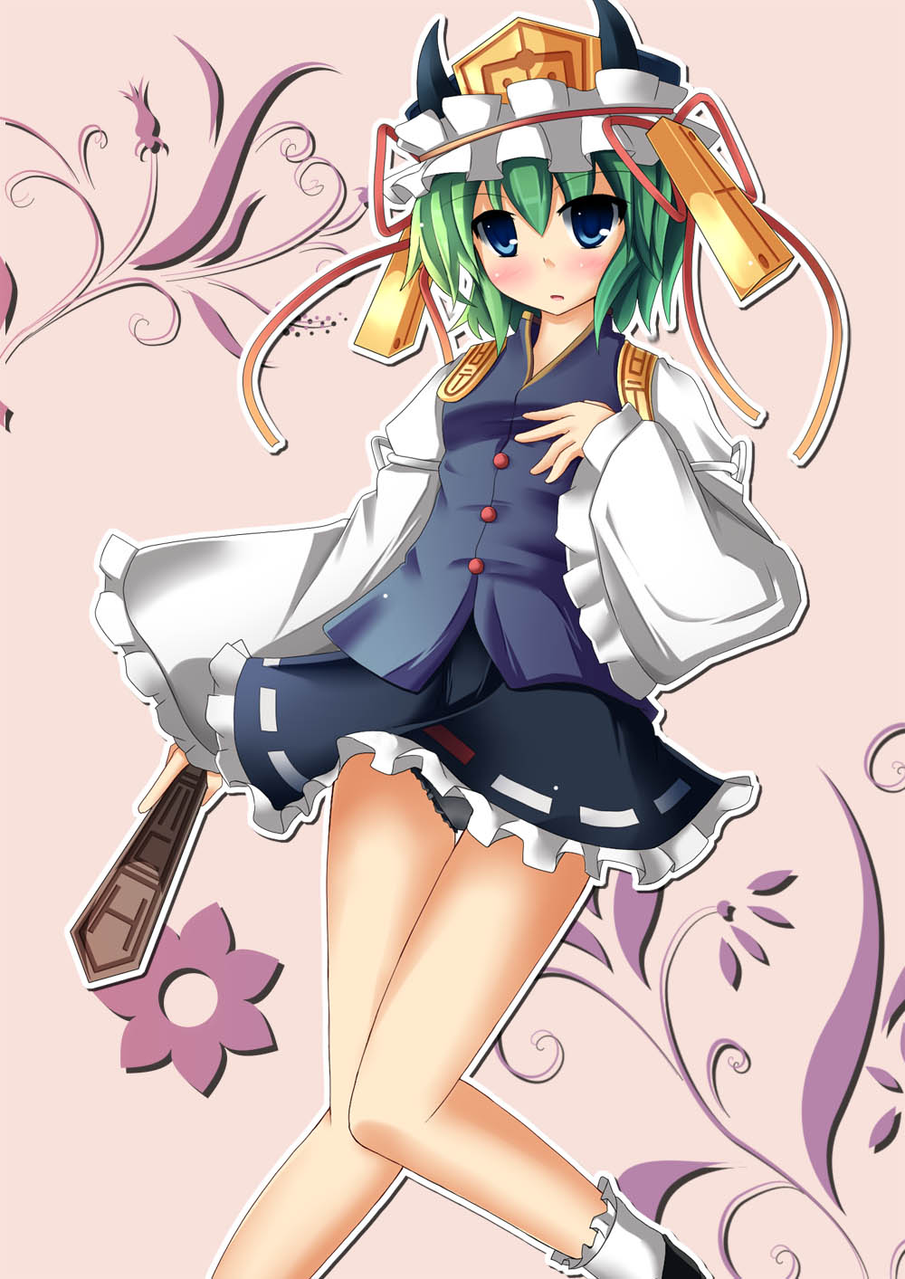 black_panties blue_eyes green_hair hat highres liya panties pantyshot scepter shikieiki_yamaxanadu solo touhou underwear