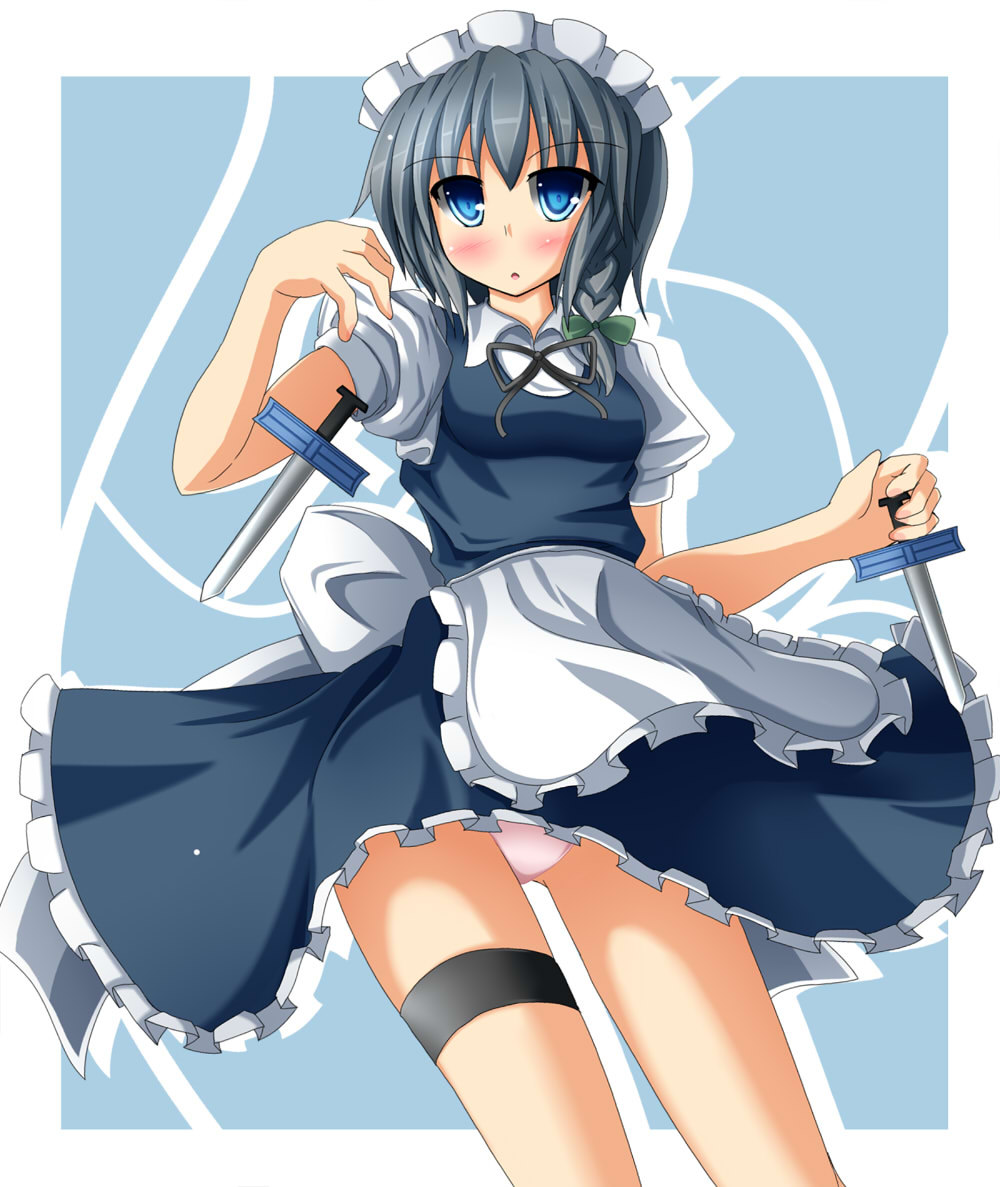 apron blue_eyes blush braid grey_hair headdress izayoi_sakuya knife liya maid maid_headdress panties pantyshot pink_panties ribbon short_hair silver_hair solo throwing_knife touhou underwear weapon