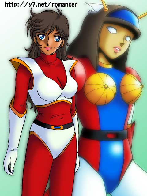 2girls blue_hair bodysuit brown_hair dark_skin great_mazinger honoo_jun lipstick mazinger_z mecha venus_a