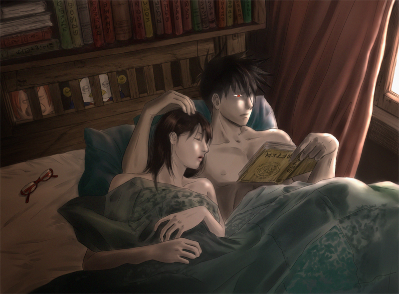 akutabe azazel bed beelzebub_(azazel-san) blanket book brown_hair caress couple glasses glasses_removed grimoire head_on_shoulder hiding lying open_mouth reading realistic red_eyes sakuma_rinko short_hair sleeping when_you_see_it yondemasuyo_azazel-san