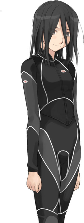1girl amagami artist_request black_eyes black_hair bodysuit hair_over_one_eye hiba_manaka long_hair simple_background smile solo source_request wetsuit